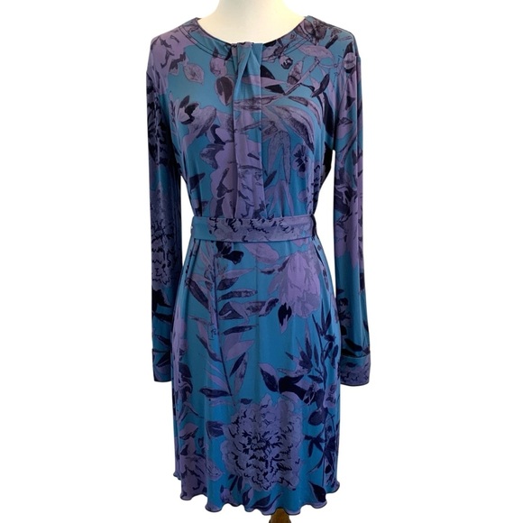 Tory Burch Signature Print Dress Womens XS/S Blue Purple Floral Belted Flowy - Picture 1 of 13